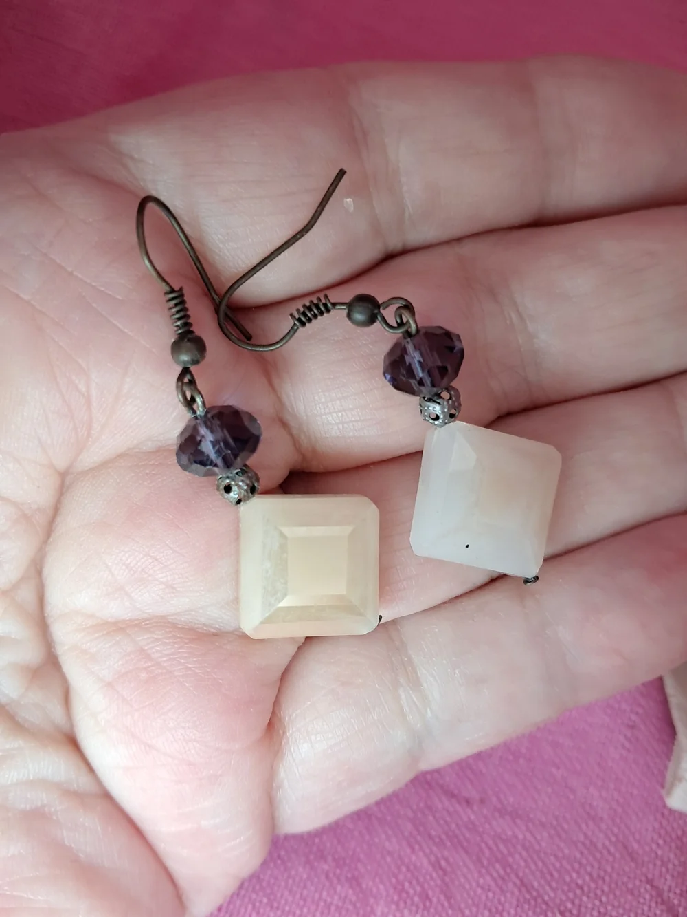 Artisan Purple & Cream Faceted Stone Dangle Drop Earrings (Gunmetal)